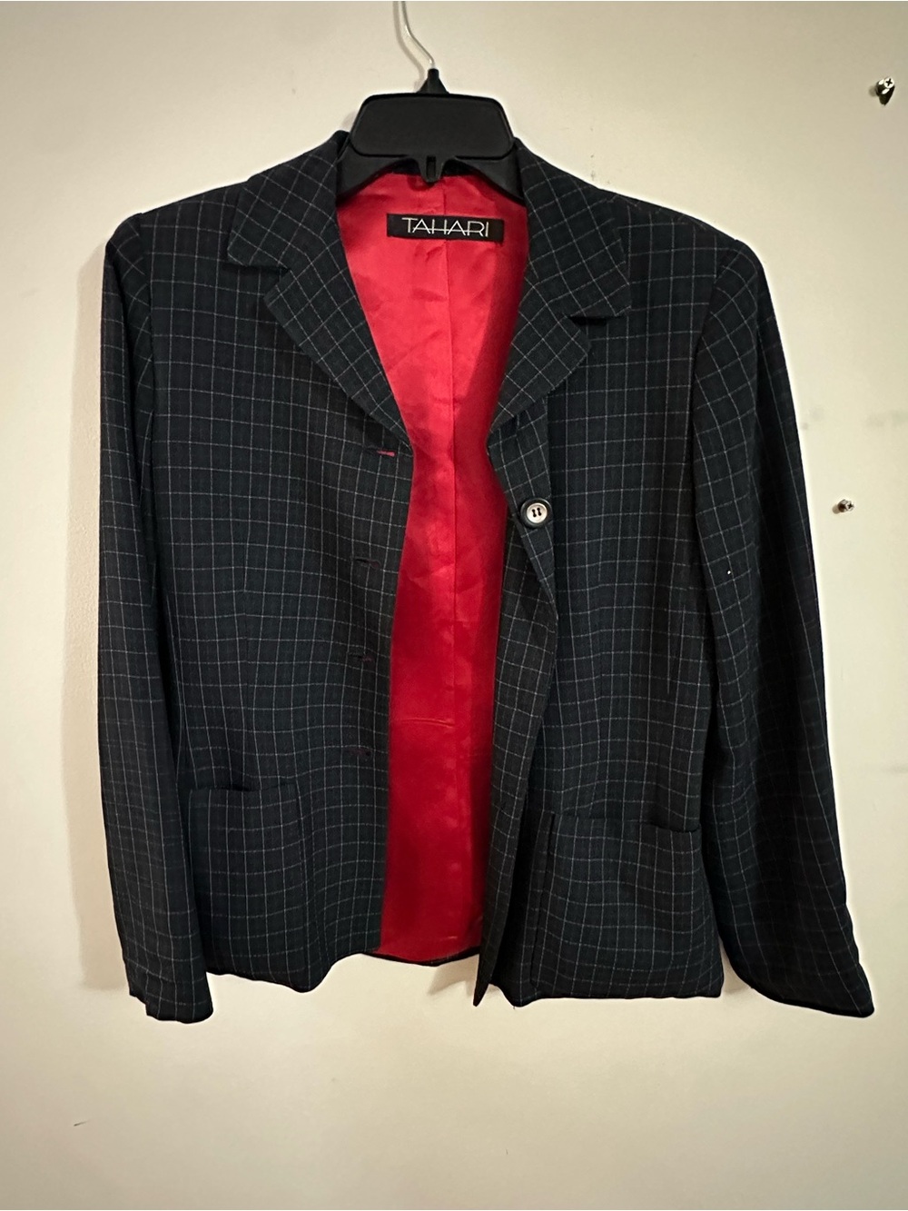 Tahari Black Windowpane Blazer and skirt with Red Lining